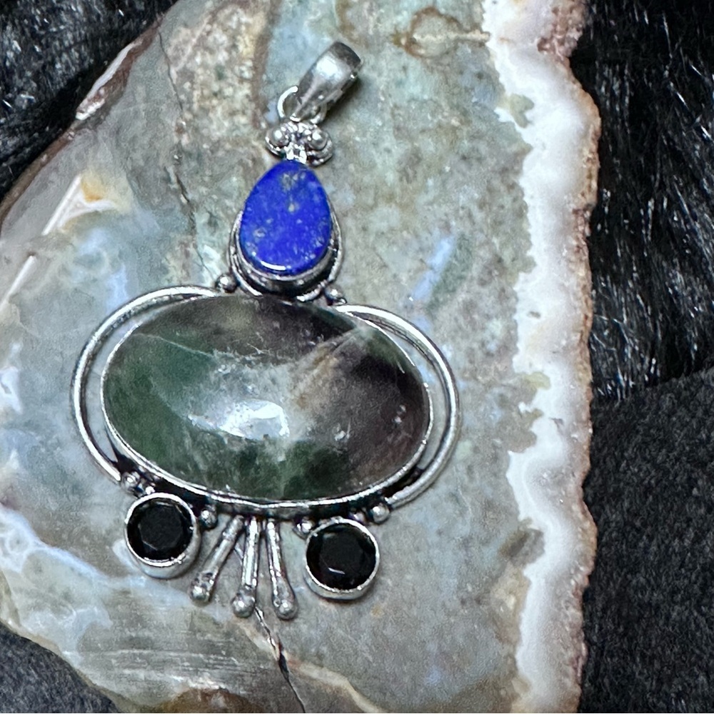 Artisan Handcrafted Jewelry Green Fluorite and Lapis Lazuli Pendant Art to Wear